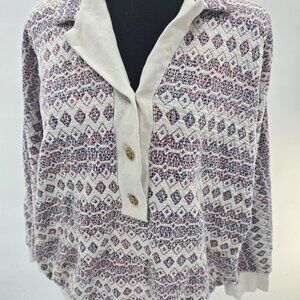 Vintage Graff Cream Geometric Design Gold Buttons 1980s Collared Sweater X-Large